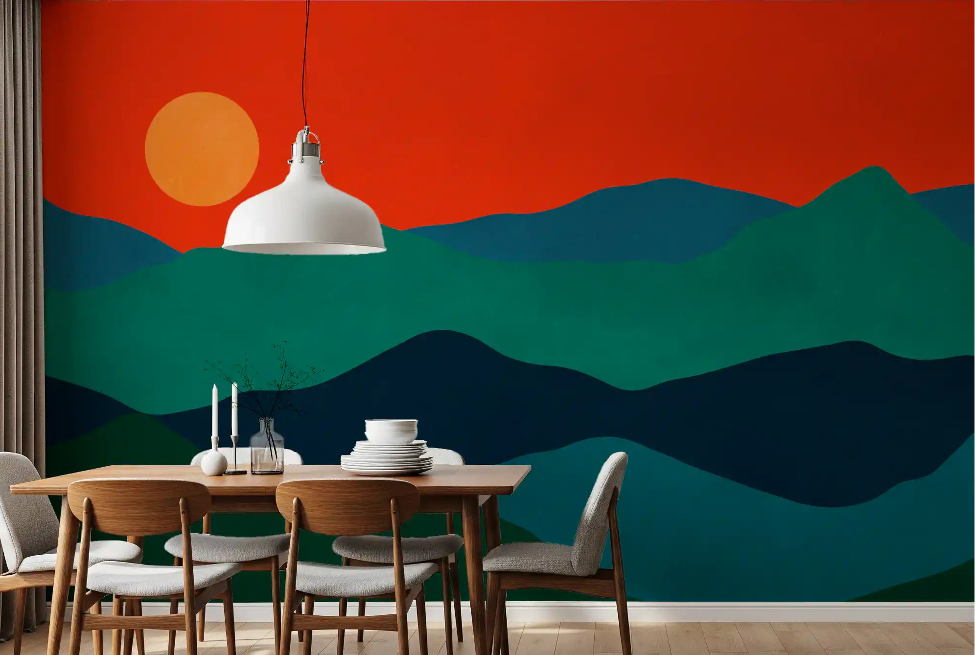 Mid-century landscape mural across a dining room accent wall., GD10252