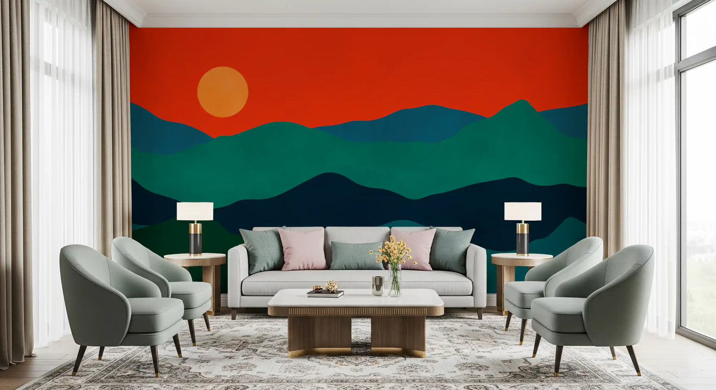 Mountain landscape mural fitted on a living room feature wall., GD10252