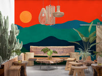 Mountain mural with layered peaks and scarlet sky., GD10252