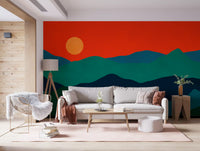 Mountain wall mural with Orange sun over teal sage navy and forest green tone., GD10252