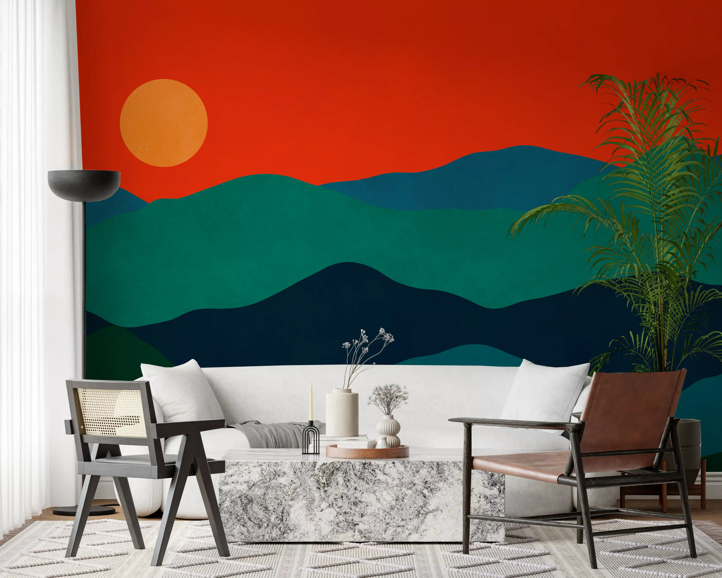 Block-colour mountain wall mural in jade teal and midnight blue., GD10252