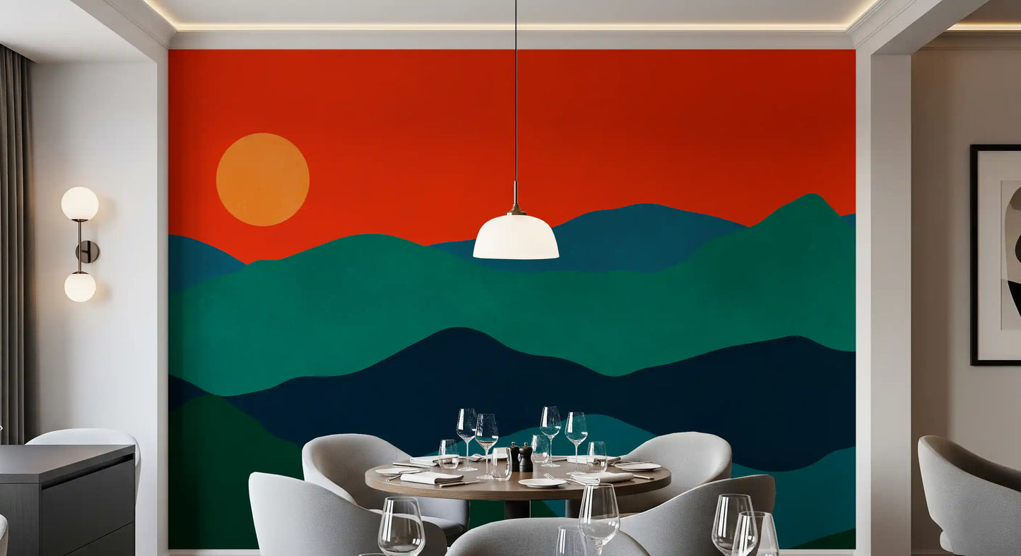 Retro mountain landscape wall mural with bold red horizon., GD10252