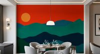 Retro mountain landscape wall mural with bold red horizon., GD10252