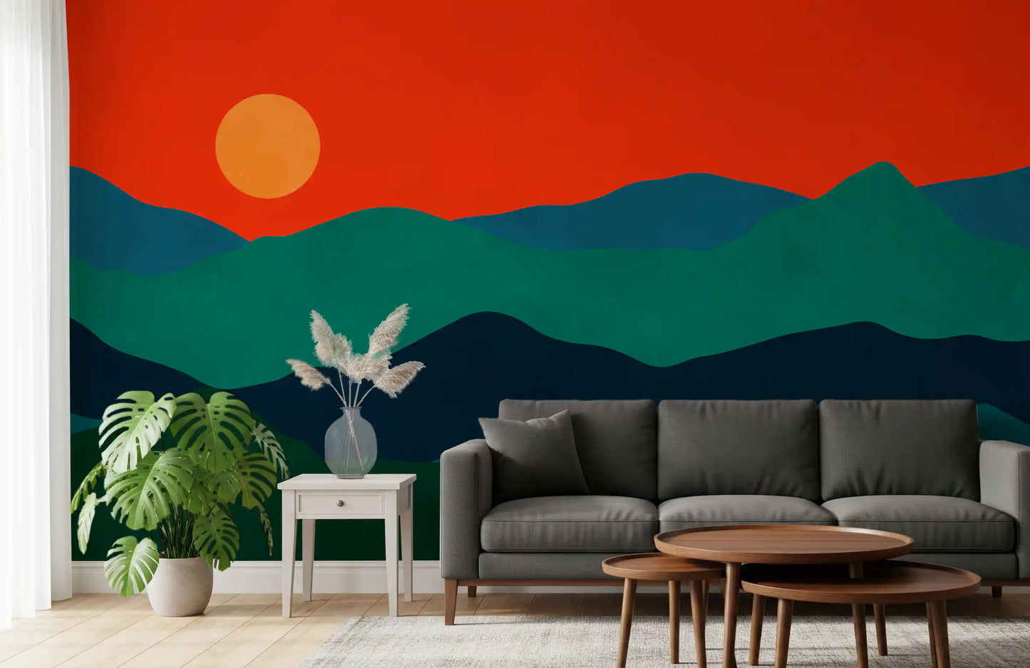 Mid-century mountain mural in red green and blue tones., GD10252