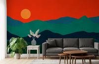 Mid-century mountain mural in red green and blue tones., GD10252