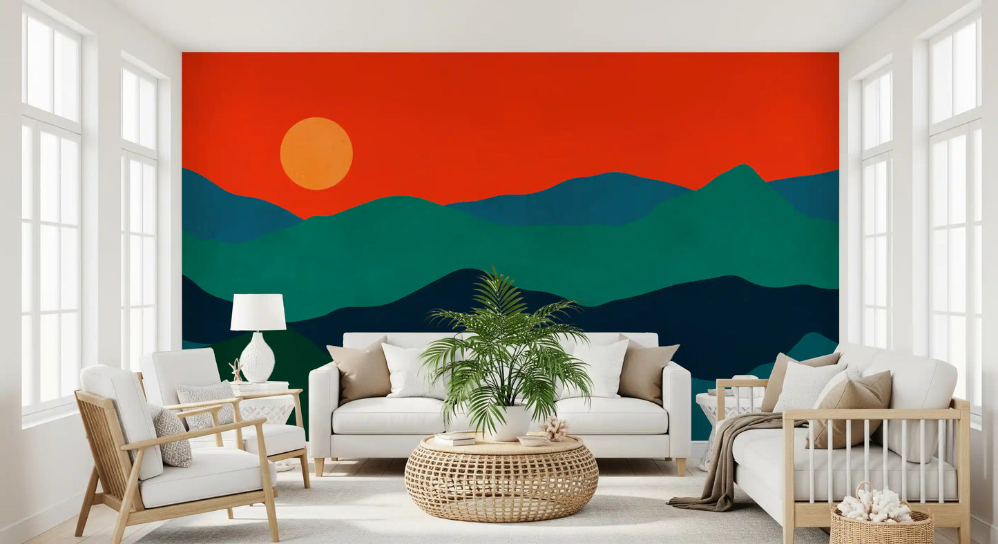 Rounded mountain silhouettes wall mural with a soft orange sun in living area., GD10252