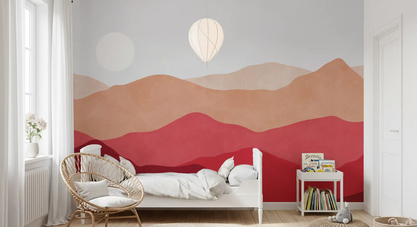 Red and beige layered mountain Horizon wall mural in bright bedroom., GD10253