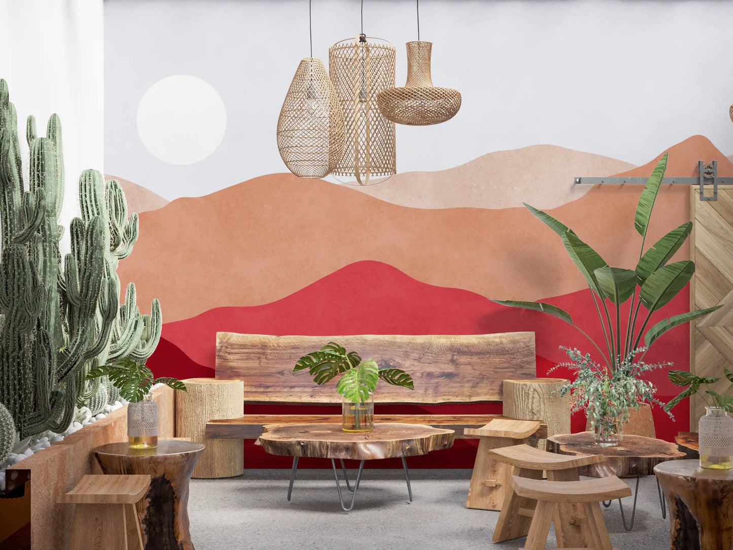 Contemporary Crimson wall mural featuring layered mountain art in warm colours., GD10253