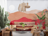 Contemporary Crimson wall mural featuring layered mountain art in warm colours., GD10253