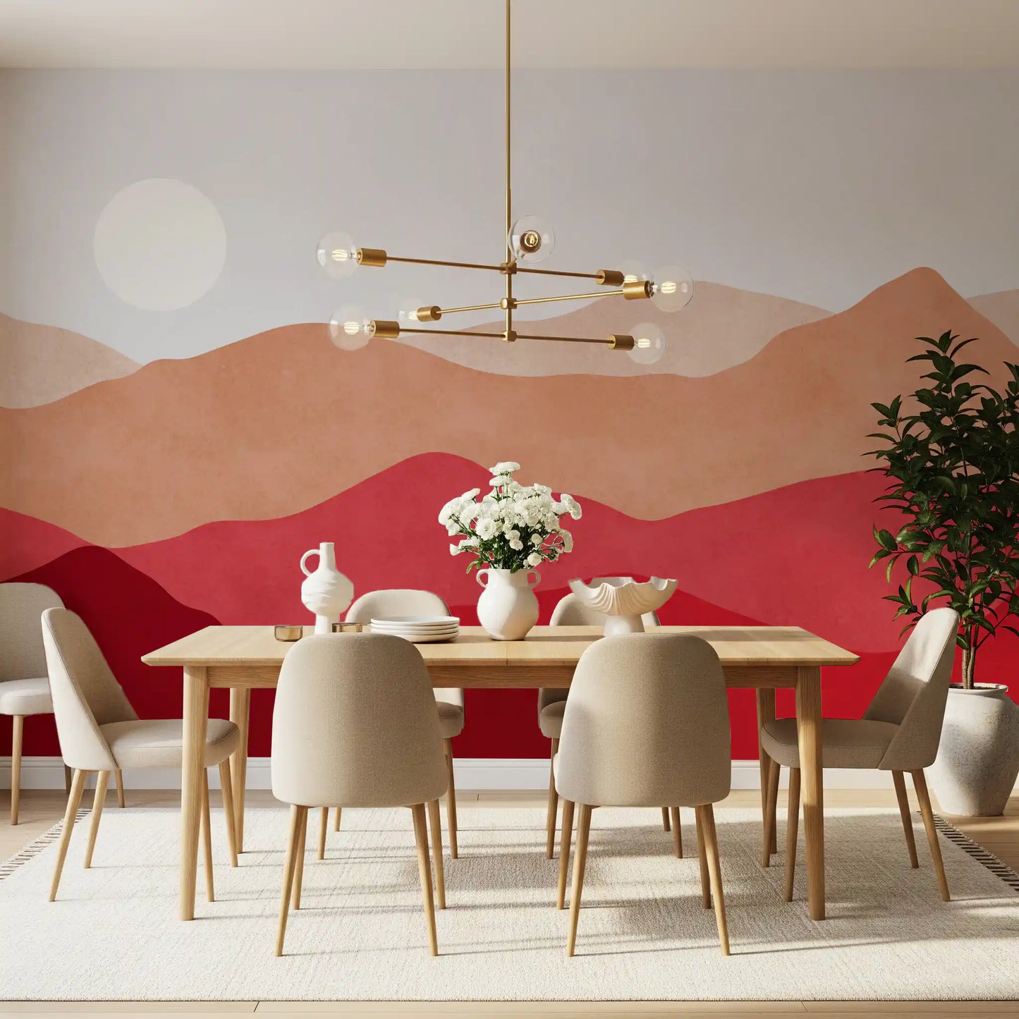 Vista wall mural displaying simple flat mountain shapes in red and beige tones., GD10253