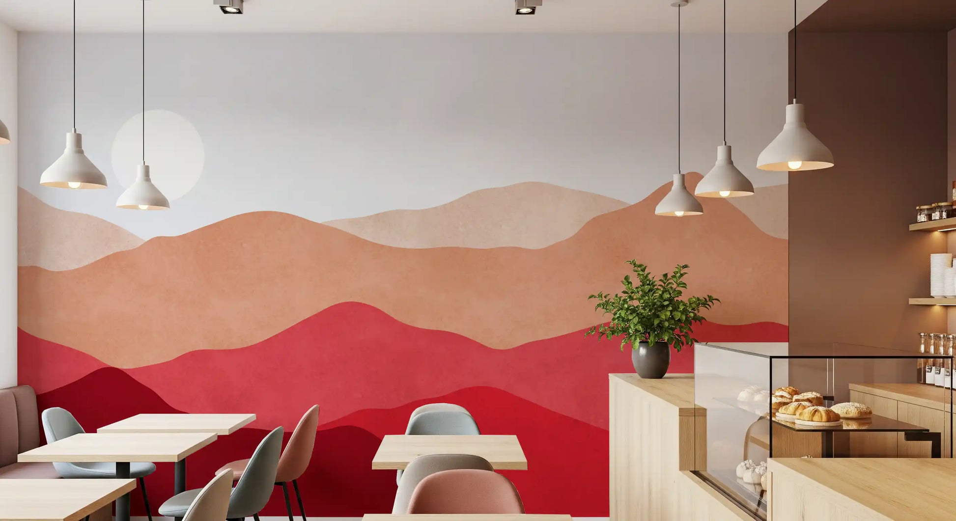 Crimson abstract mountain landscape wall mural for a modern cafe., GD10253