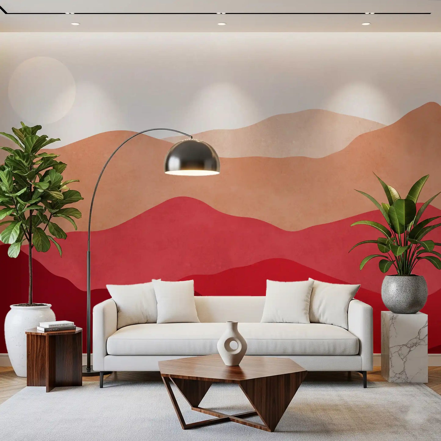 Boho landscape Horizon wall mural in shades of blush pink and deep burgundy., GD10253