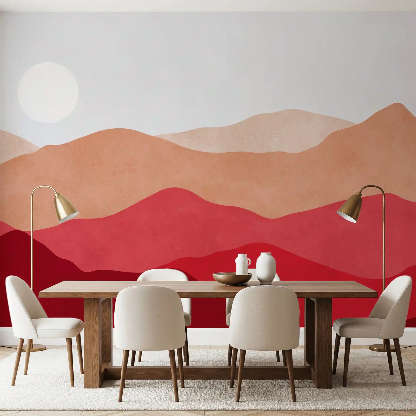 Crimson mountain ridge wall mural with light beige and deep maroon flat layers., GD10253