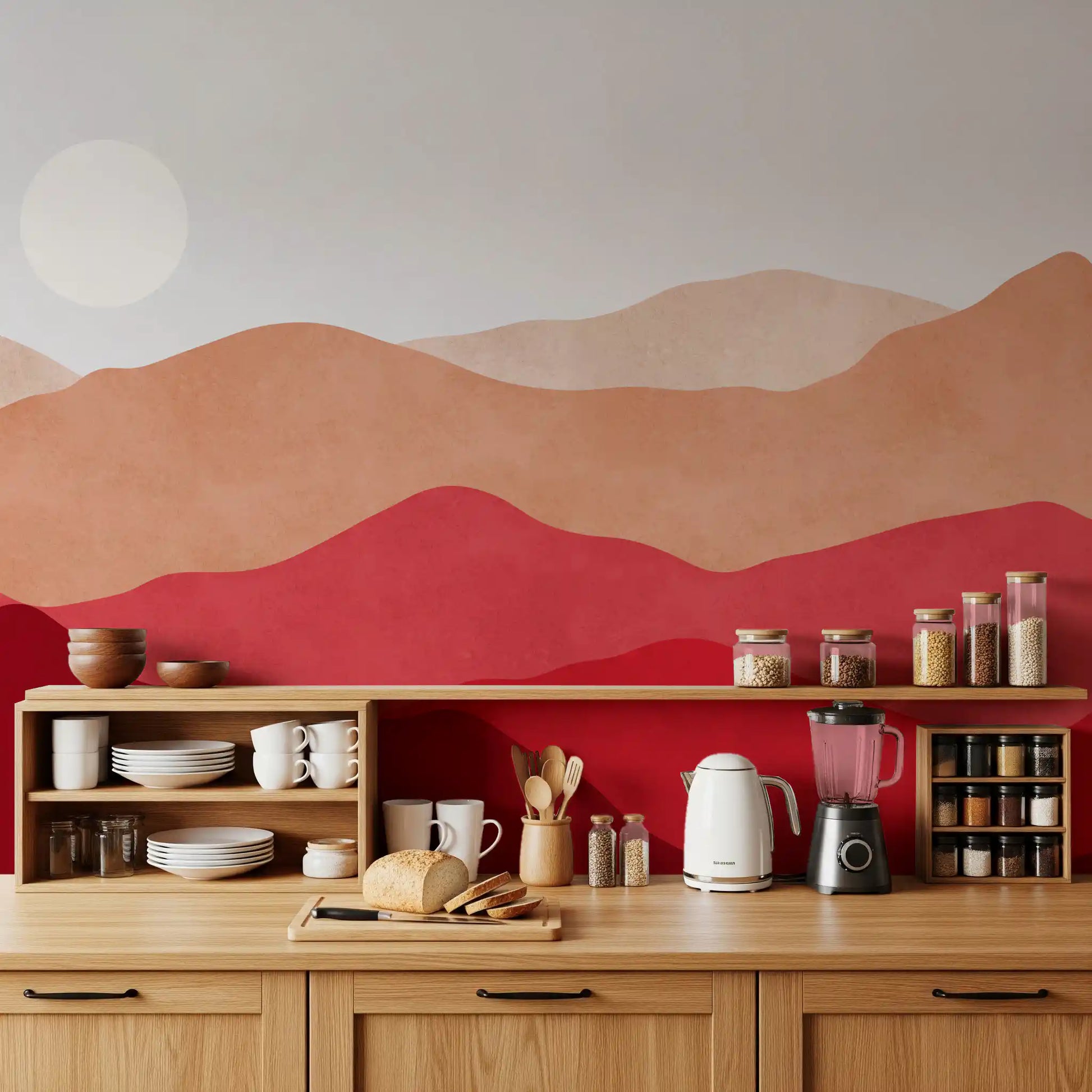 Crimson Horizon Vista Wall Mural for kitchen with red and beige landscape., GD10253
