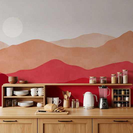 Crimson Horizon Vista Wall Mural for kitchen with red and beige landscape.