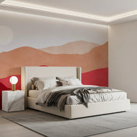 Vista wall mural with dark red gradient hills and a white geometric sun design., GD10253