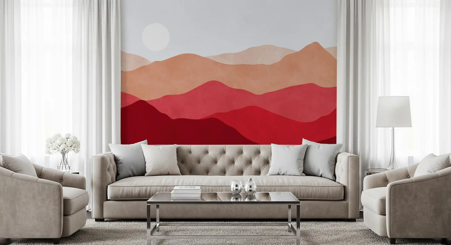 Minimalist boho Vista wall mural with dark maroon hills in living room., GD10253