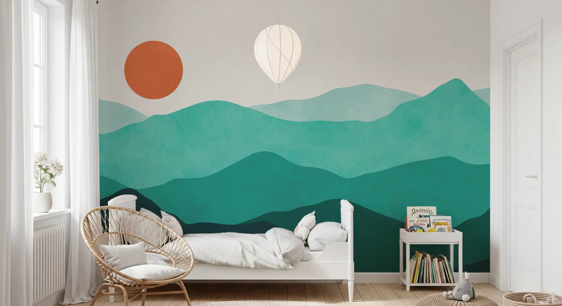 Geometric teal mountain mural art design on contemporary bedroom walls., GD10254
