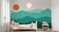 Geometric teal mountain mural art design on contemporary bedroom walls., GD10254