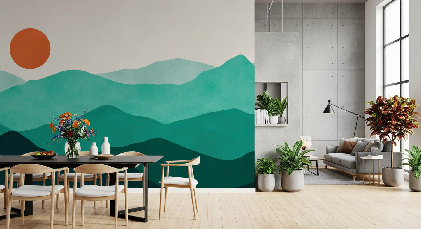 Abstract mountain landscape wall mural with teal layers for dining room spaces., GD10254