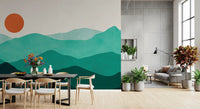 Abstract mountain landscape wall mural with teal layers for dining room spaces., GD10254