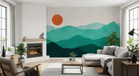 Minimalist painted landscape wall mural with an abstract horizon and bright sun., GD10254