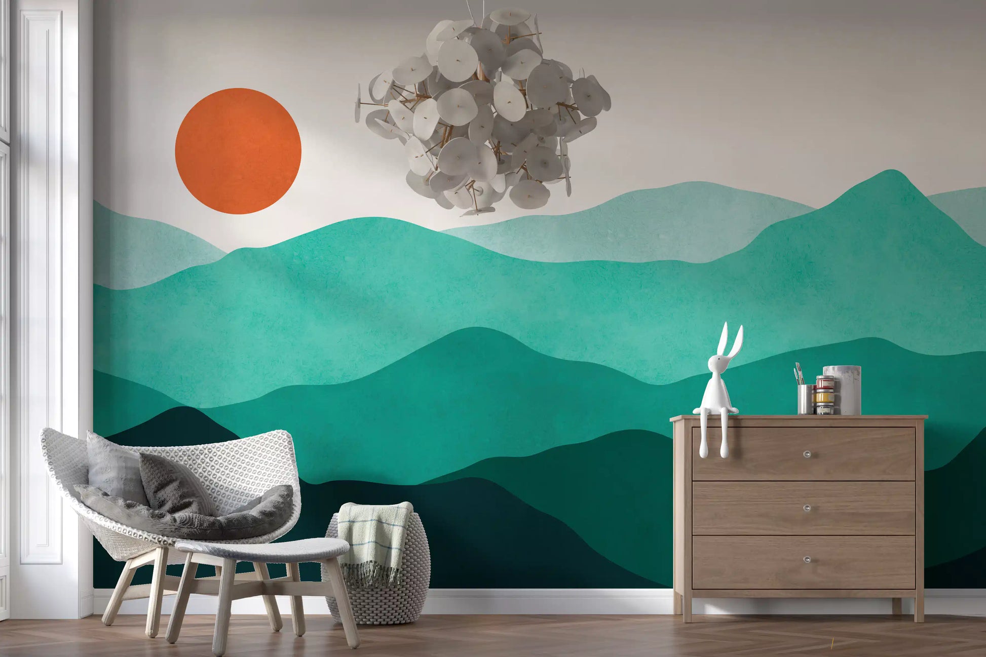 Abstract landscape wall mura with a wavy horizon line and a bright orange sun., GD10254