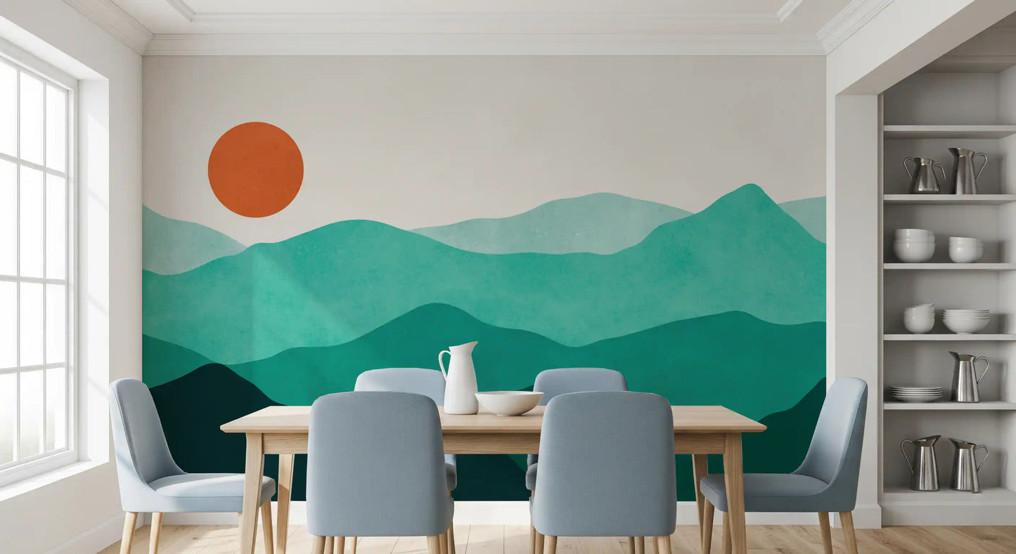 Wavy abstract wall mural showing rolling green peaks in a modern dining room., GD10254