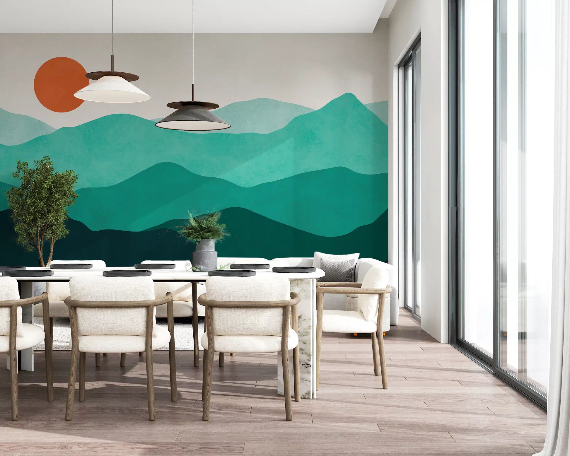 Abstract landscape wall mural with a wavy horizon line and a bright orange sun., GD10254