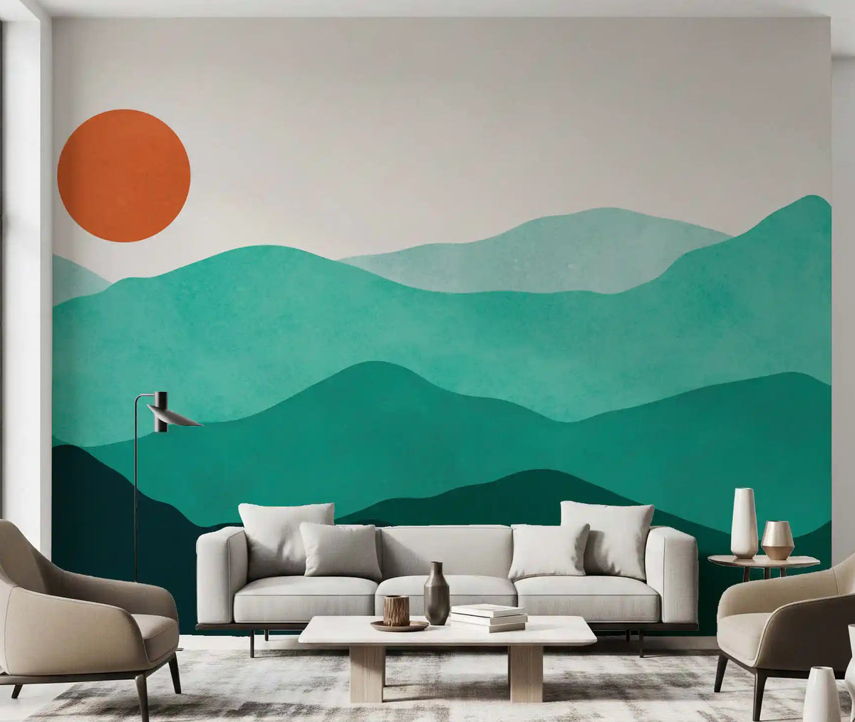 Teal Horizon Peaks Wall Mural showing green mountains in living room., GD10254