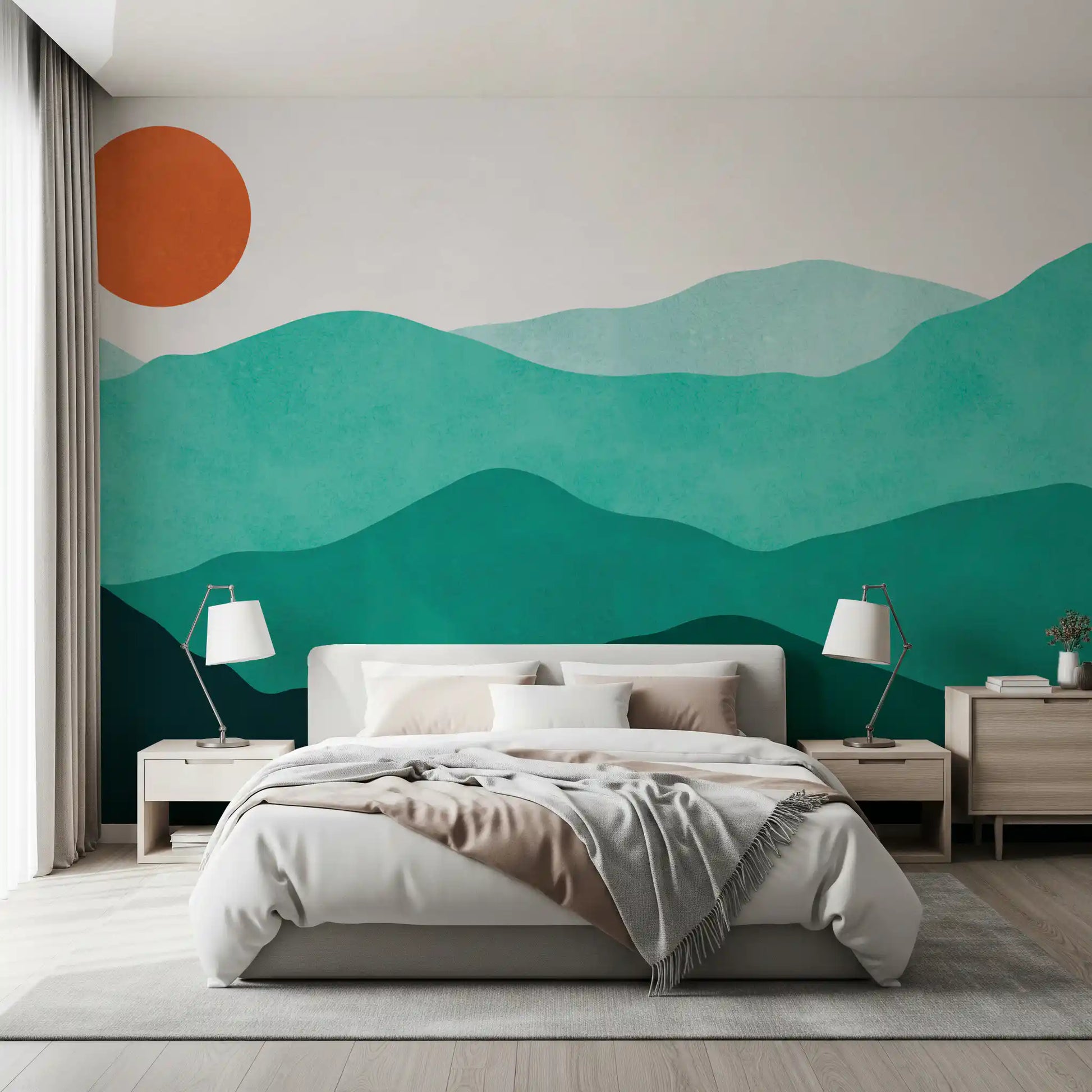 Minimalist Teal Horizon Peaks Wall Mural featuring layers with an orange sun in bedroom., GD10254