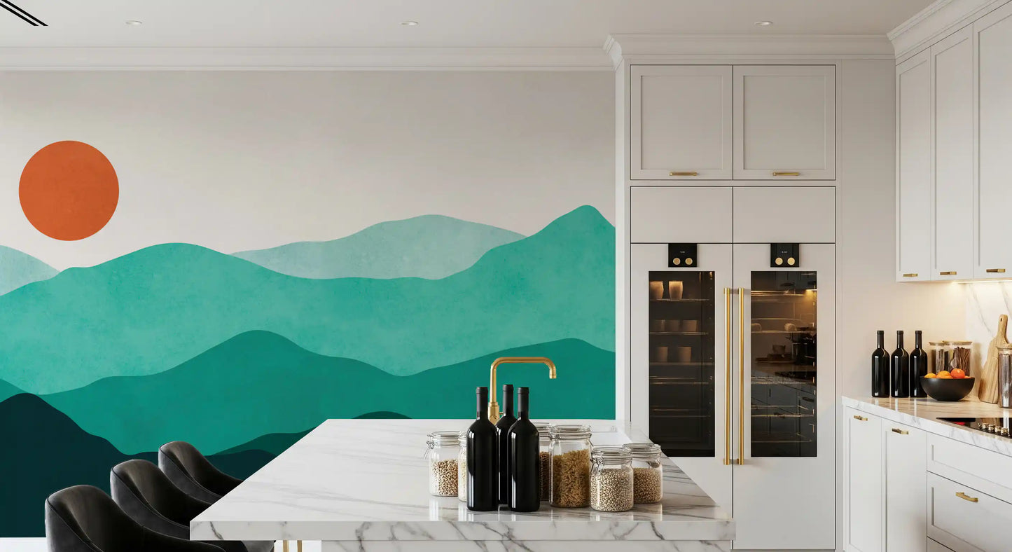 Watercolor style landscape wall mural of rolling peaks and a warm sun., GD10254