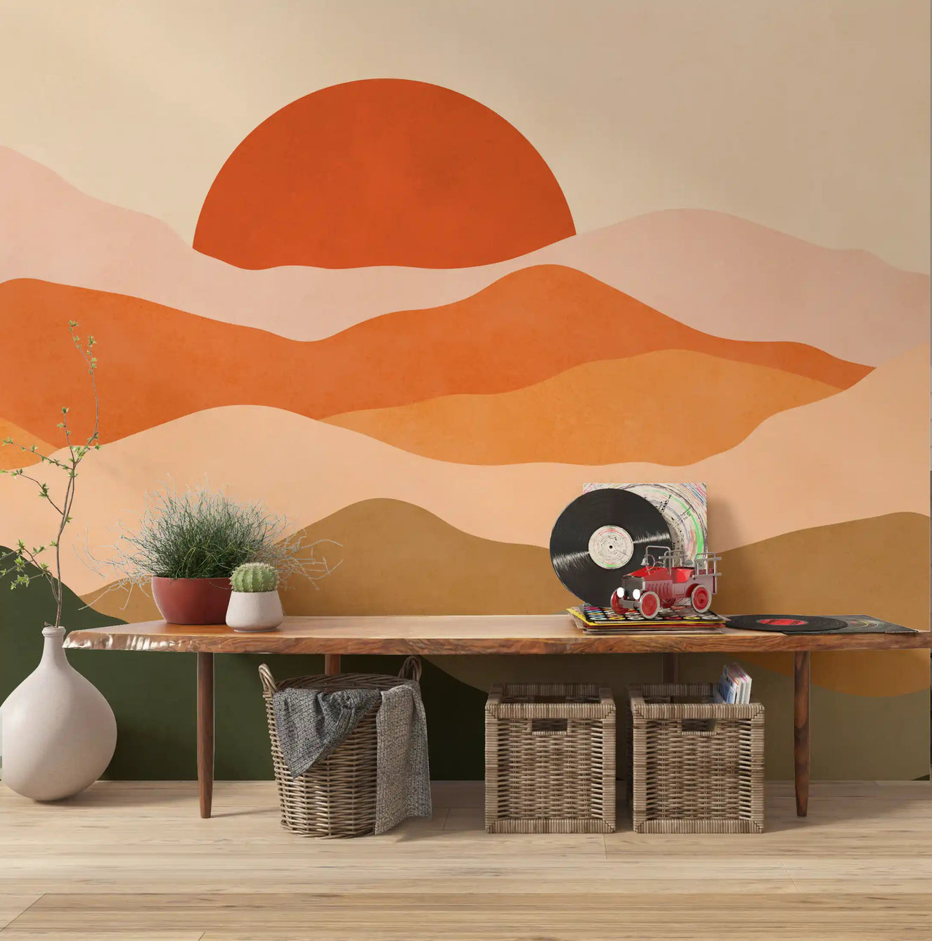 Abstract sunset graphic wall mural with warm nature shapes in hallway.