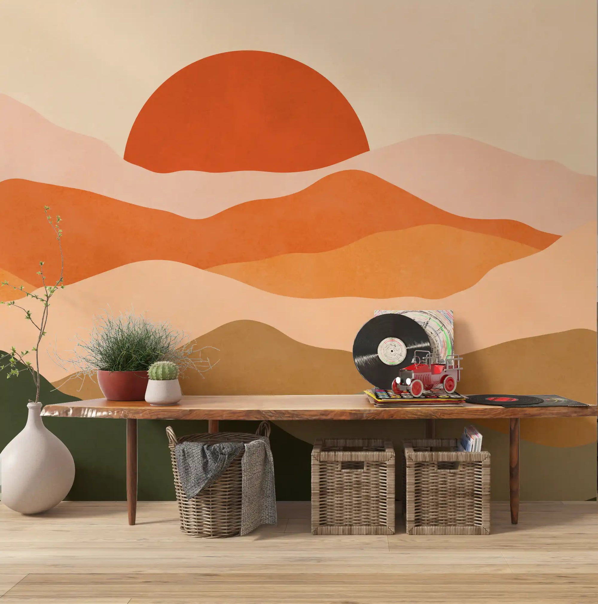 Abstract sunset graphic wall mural with warm nature shapes in hallway., GD10255