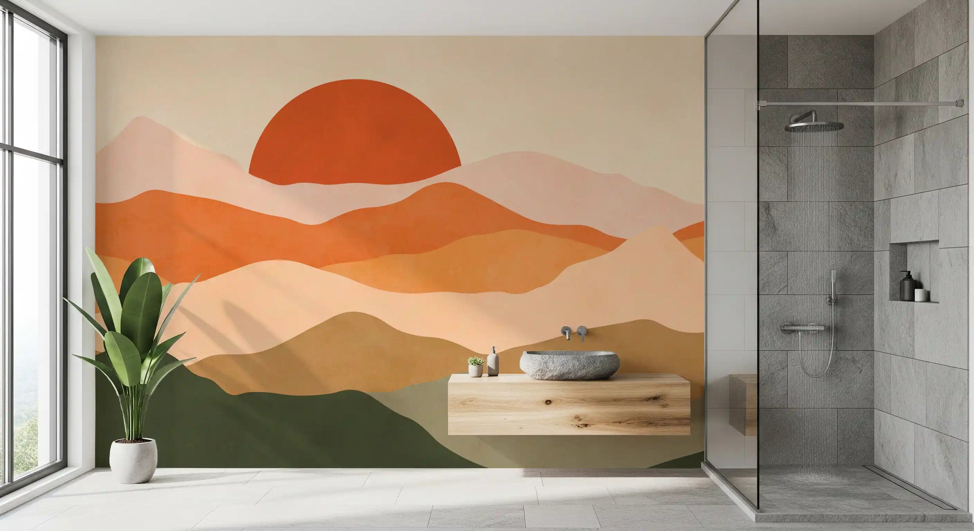 Minimalist sun and hills graphic wall mural in bathroom., GD10255