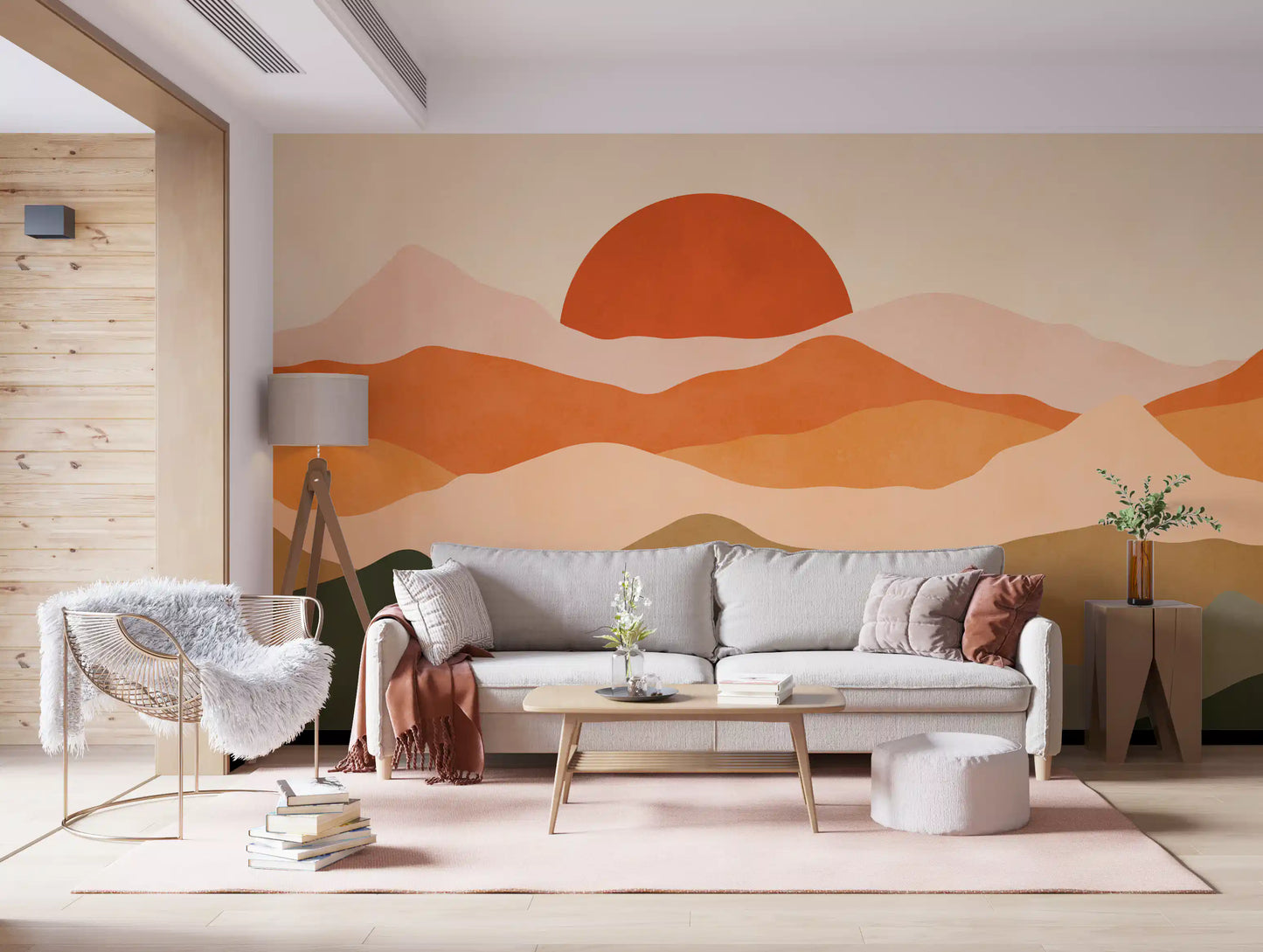 Warm orange sun and green hills in Terra Vista Glow Wall Mural., GD10255