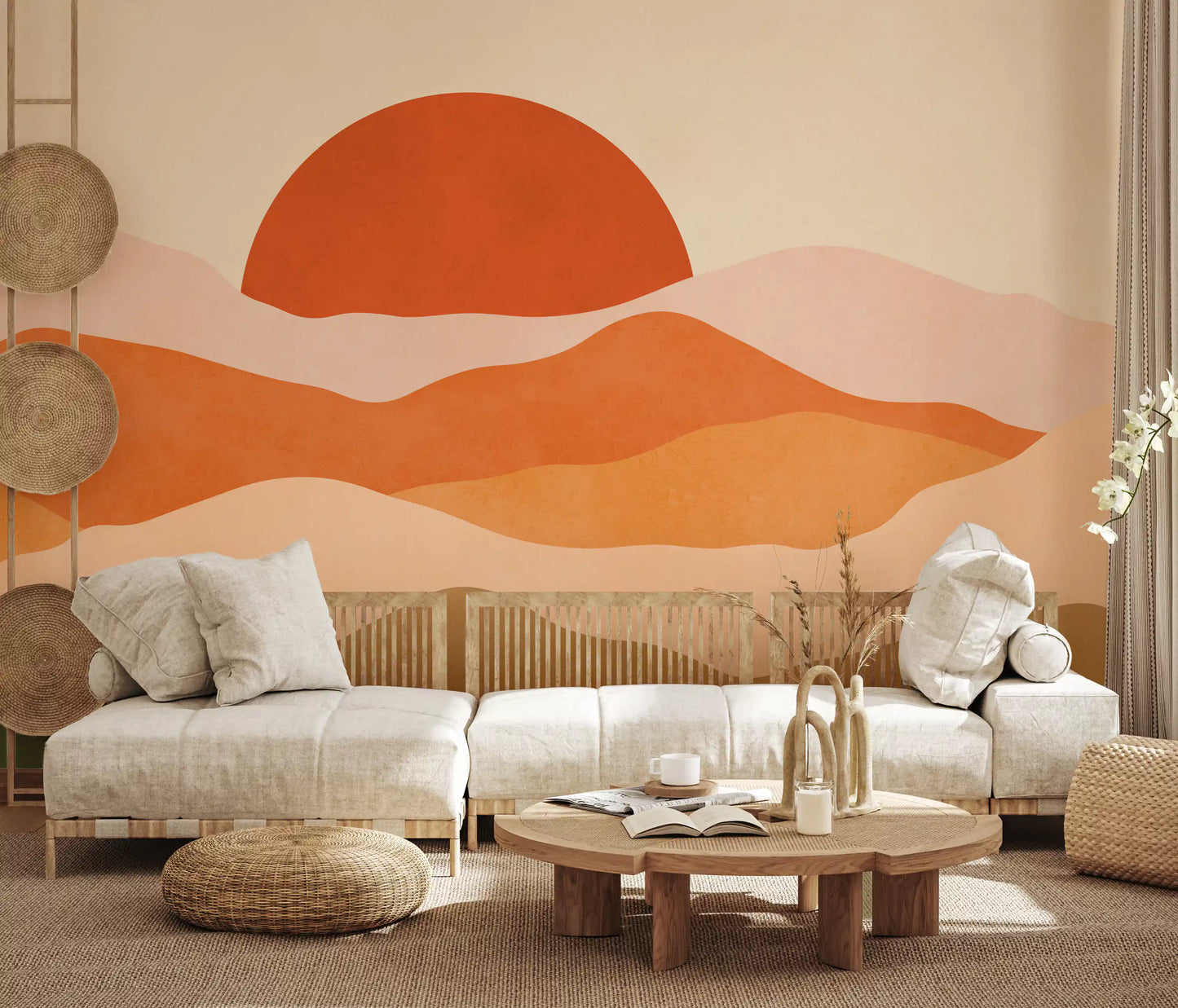 Soft earthy glow sunrise wall mural with rolling abstract mountain peaks., GD10255