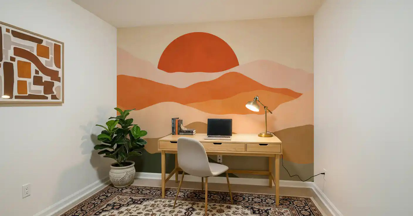 Warm terra tones and green mountain wall mural for modern study space., GD10255