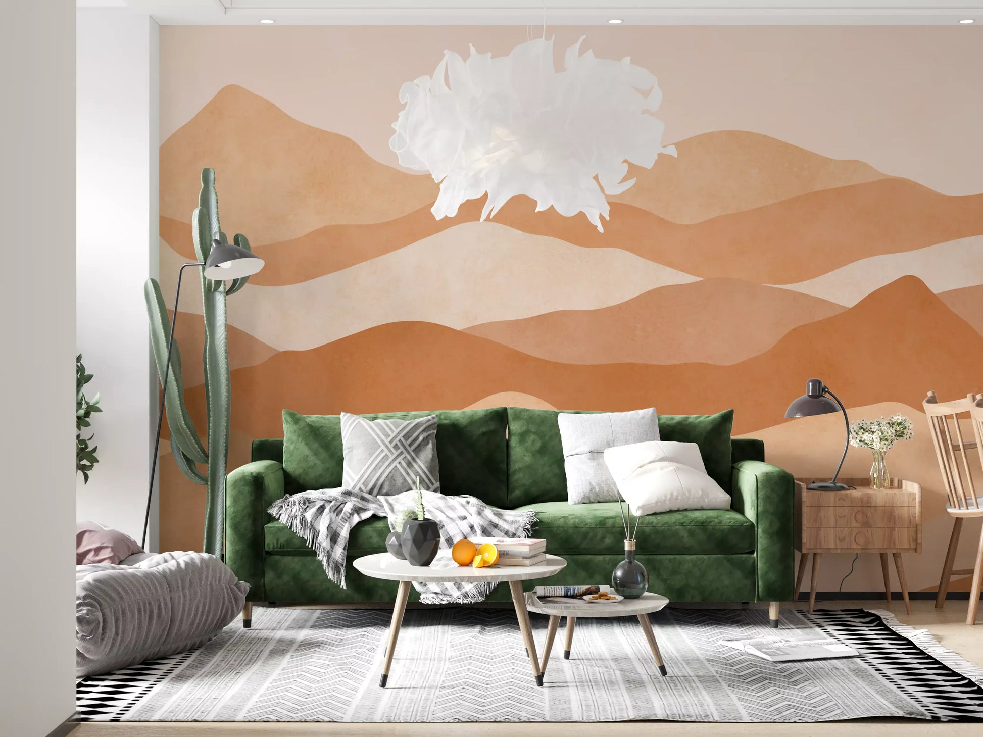 Living room wall mural decorated with a layered terracotta landscape pattern., GD10256