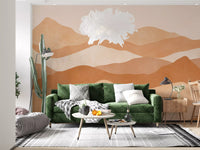 Living room wall mural decorated with a layered terracotta landscape pattern., GD10256