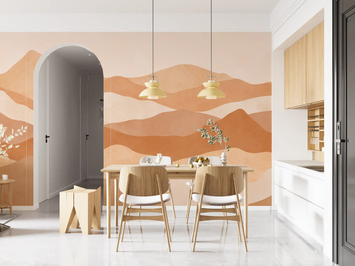 Warm Terracotta Hills Wall Mural fitted for a modern dining room design., GD10256