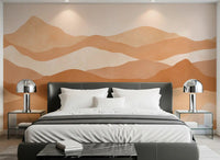 Warm Terracotta Hills Wall Mural displaying beige and brown wavy layers in bedroom., GD10256