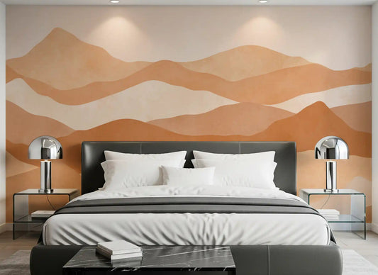 Warm Terracotta Hills Wall Mural displaying beige and brown wavy layers in bedroom.
