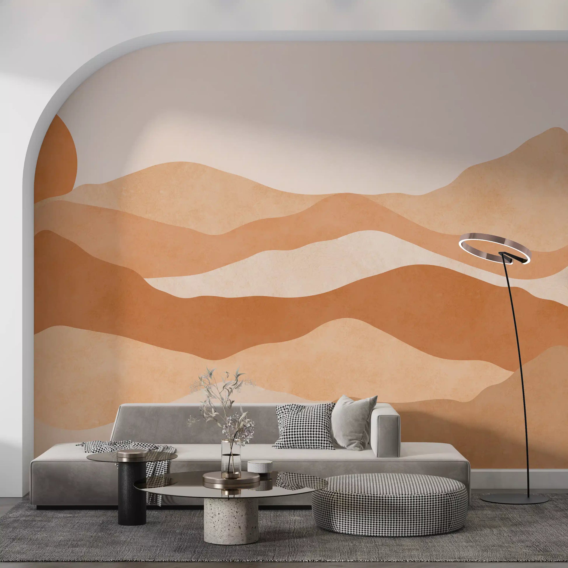 Earthy terracotta and tan mountain wall mural in small seating area., GD10257