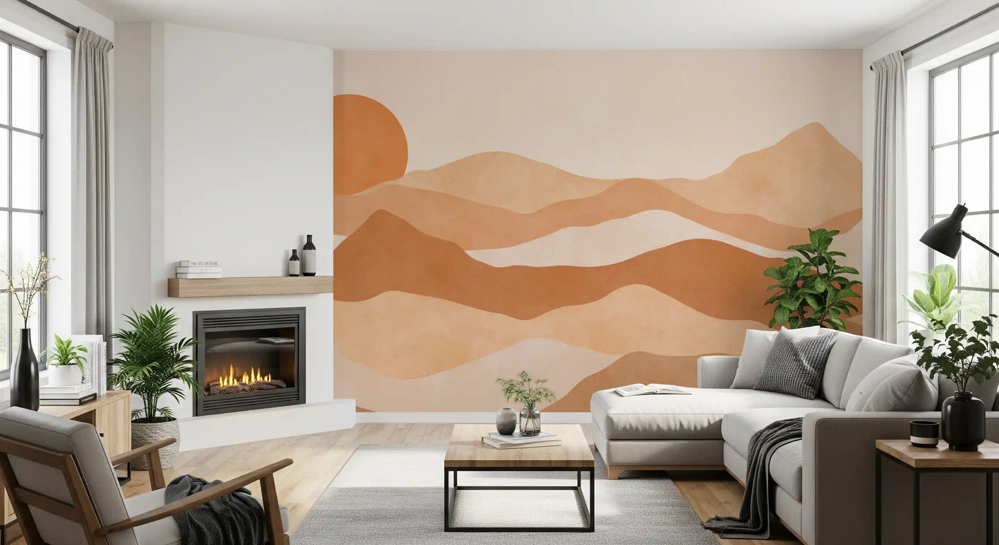 Earthen Mountain Layers Wall Mural with terracotta sun art., GD10257