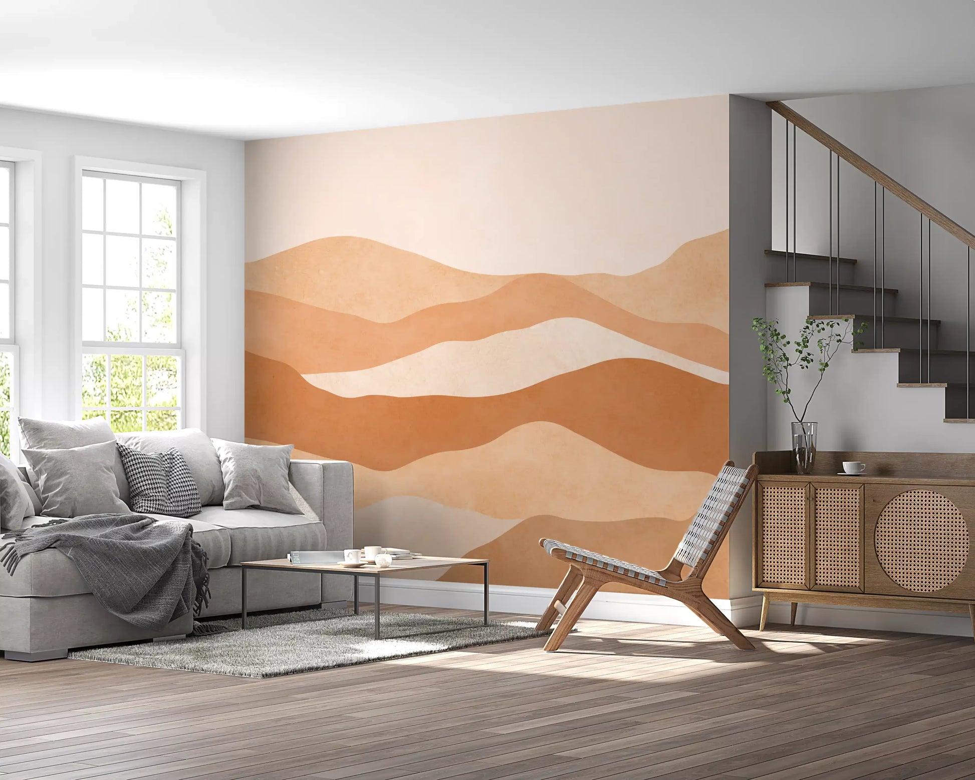 Earthen Mountain Layers Wall Mural featuring a minimalist sun., GD10257
