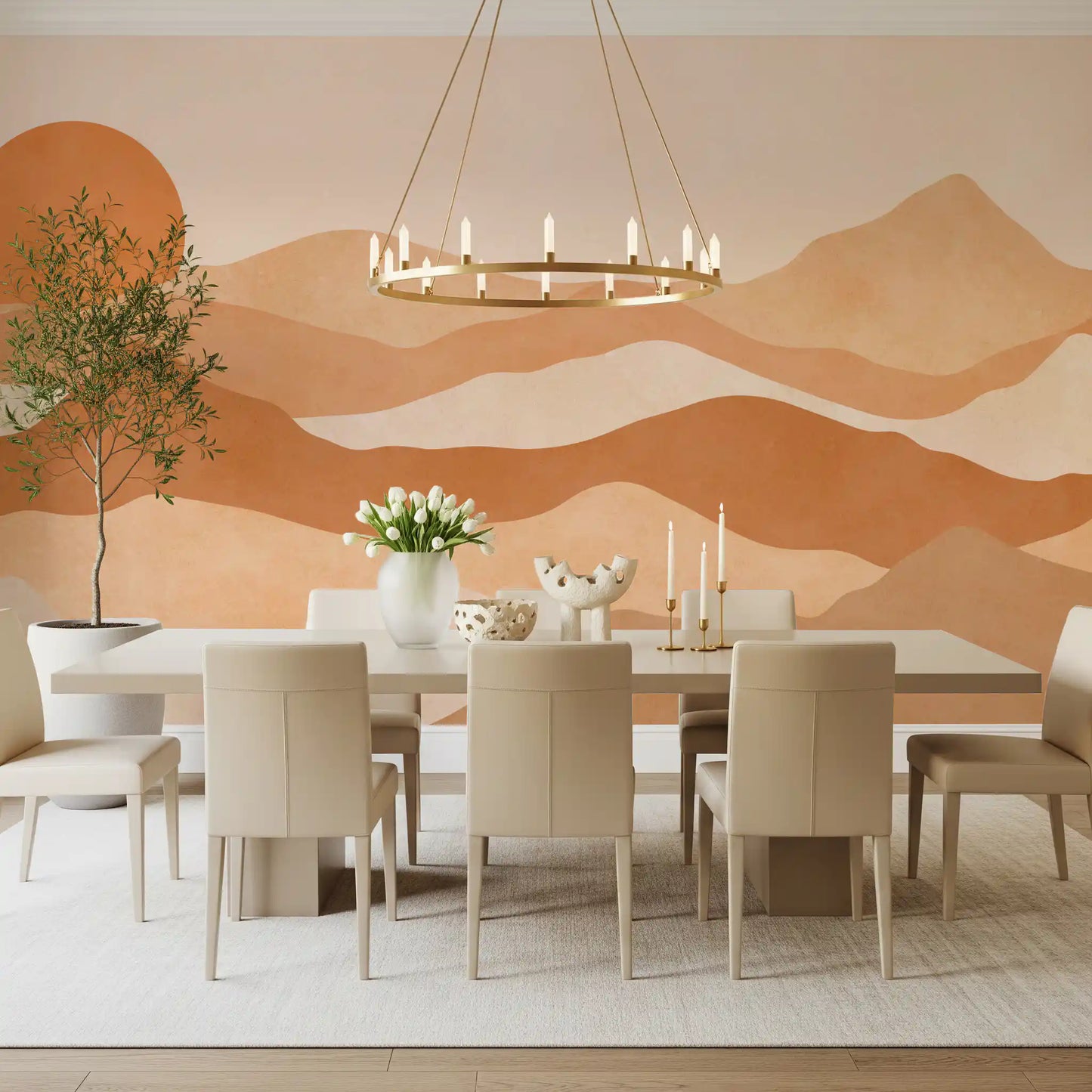 Wavy abstract layers wall mural in bright dining area., GD10257