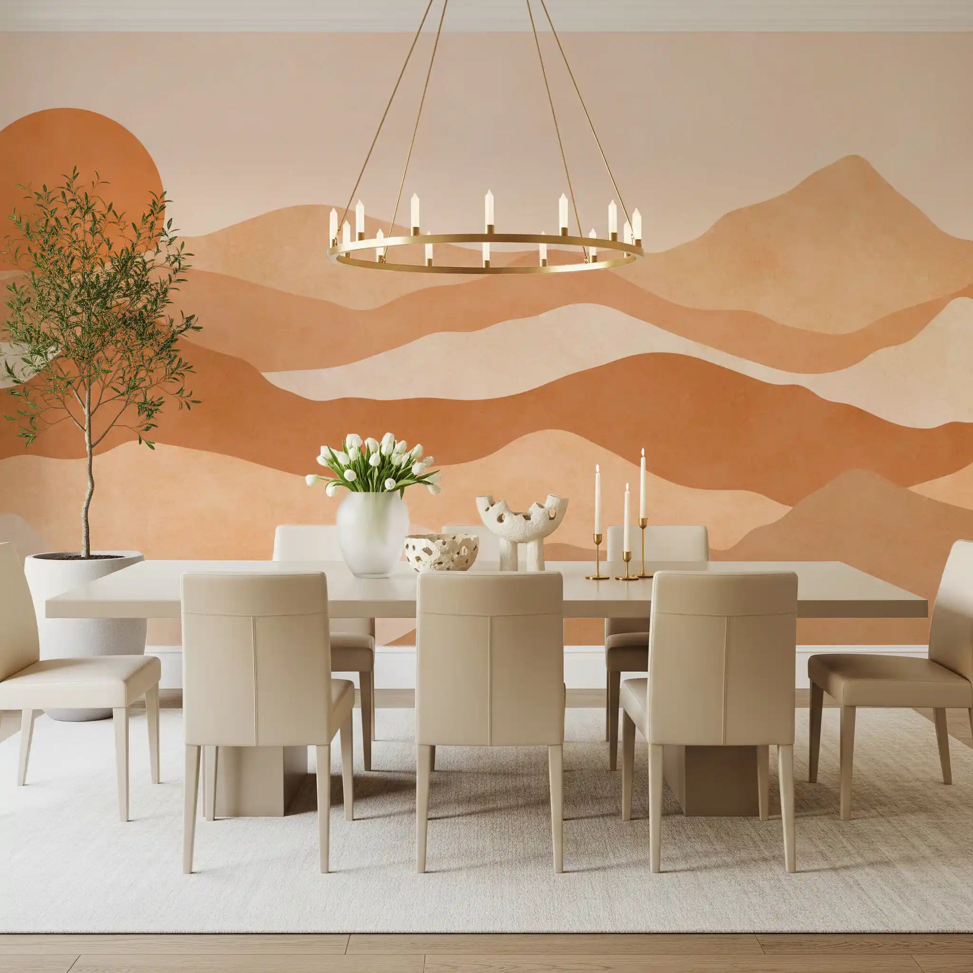 Wavy abstract layers wall mural in bright dining area., GD10257