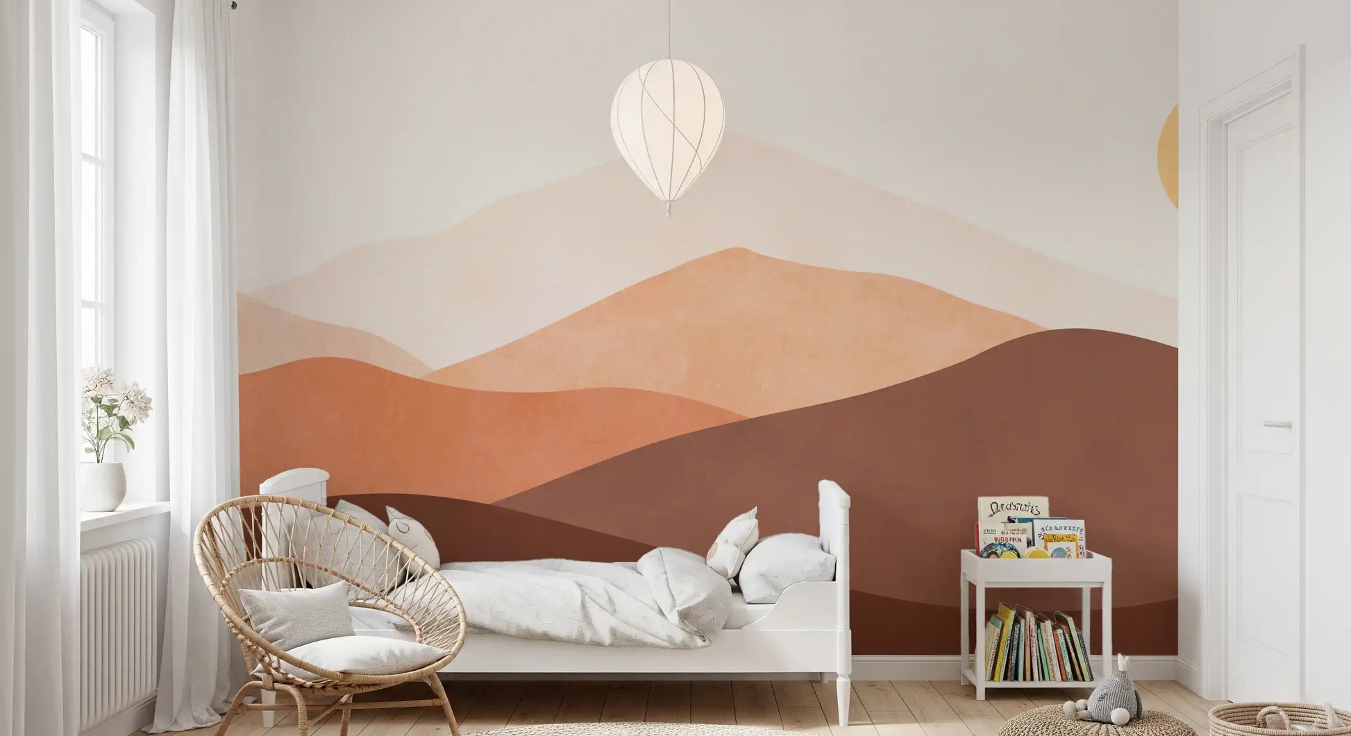 Warm Horizon wall mural displaying layered hills in kids bedroom., GD10258