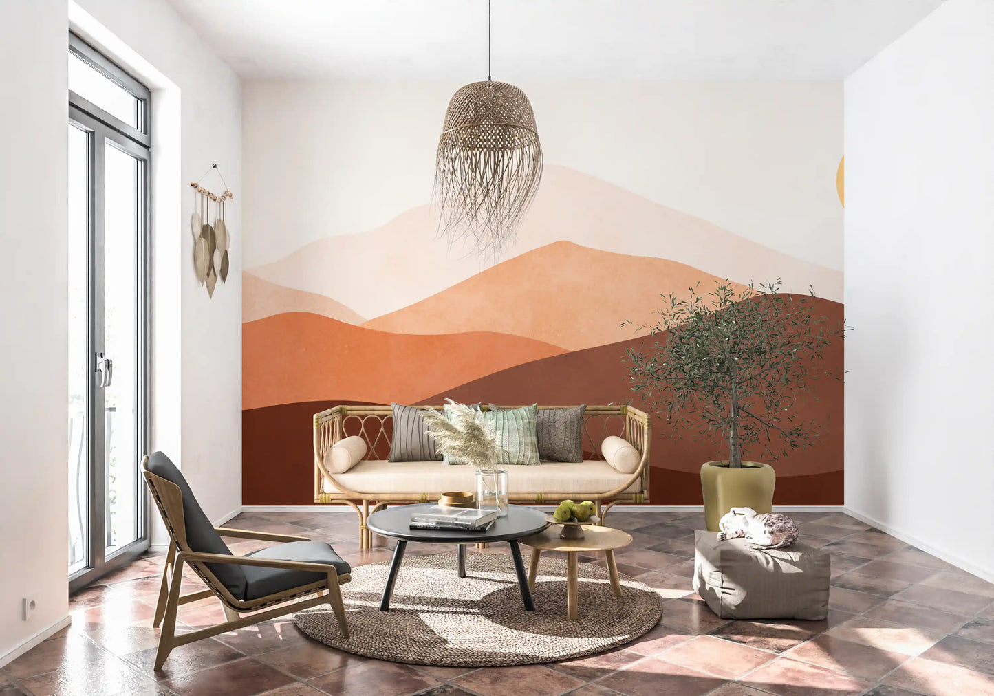Warm terracotta Horizon wall mural showcasing layered abstract sand dunes., GD10258